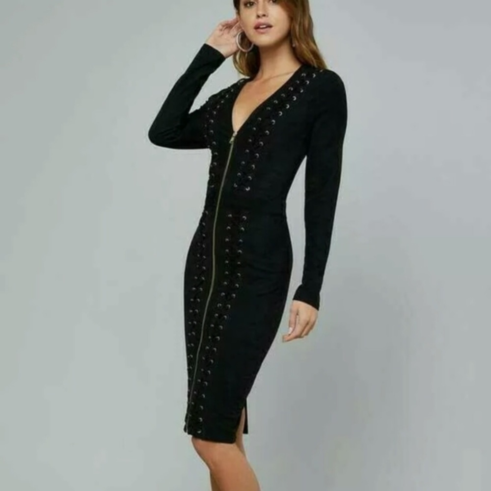 SEXY BEBE FAUX SUEDE LACE UP MIDI DRESS BLACK